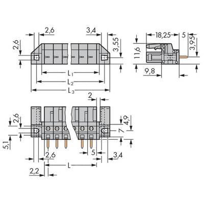 Technical drawing of an electrical connector with dimensions in millimetres. Side and top view with detailed measurements.