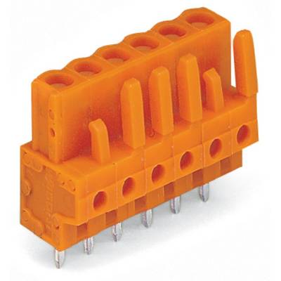 Orange multi-pin electrical connector with five slots and metallic pins, set against a white background.