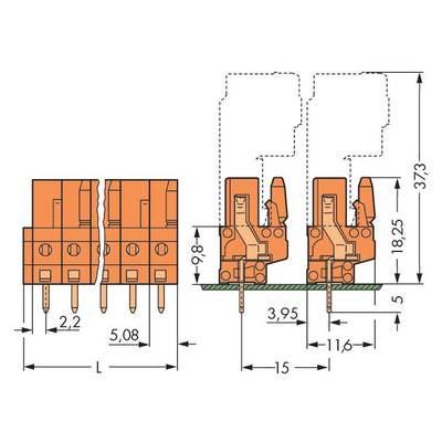 Technical drawing of a connector with dimensions. Height: 37.3 mm. Width: 11.6 mm. Pin spacing: 5.08 mm. Side view shows mounting.