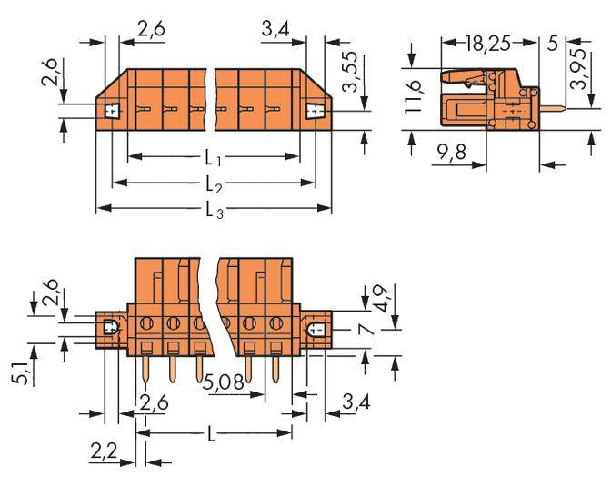 Technical drawing of an orange connector with dimensions in millimetres, showing front and side views with detailed dimensional annotations.