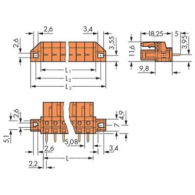 Technical drawing of an orange connector with dimensions in millimetres, showing front and side views with detailed dimensional annotations.