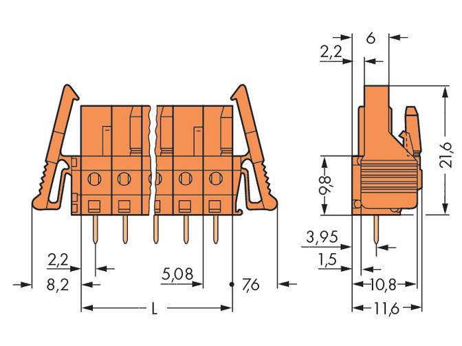 'Technical drawing of a connector: Dimensions in millimetres. Width: 5.08, Height: 6, Overall width: 21.6, Depth: 8.2.'