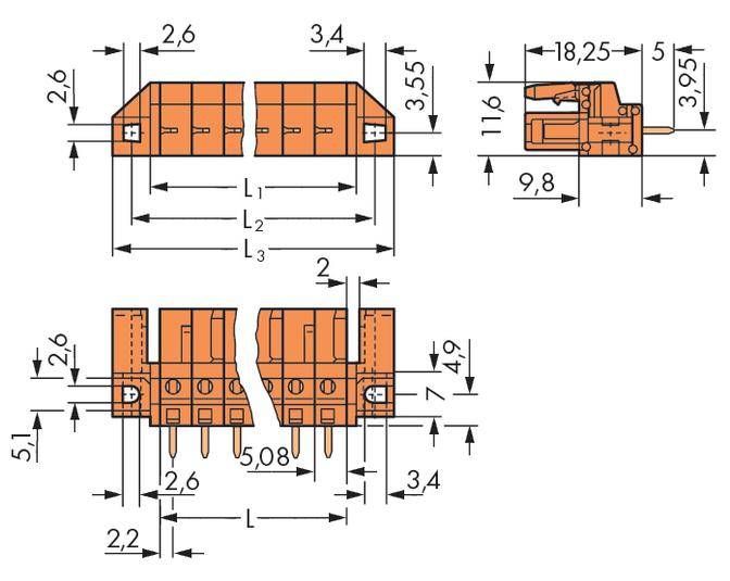 Technical drawing of an electrical connector with various views and detailed dimensional specifications in millimetres.