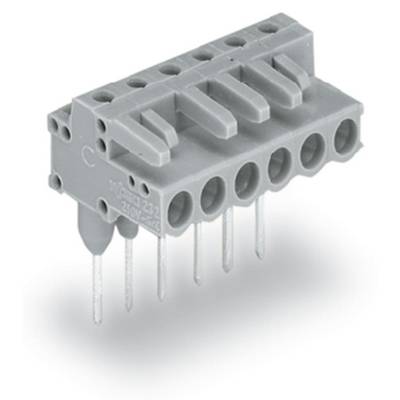 Grey, plug-in printed circuit board connector with five terminals and metal pins for electrical connection, with side mounting holes.