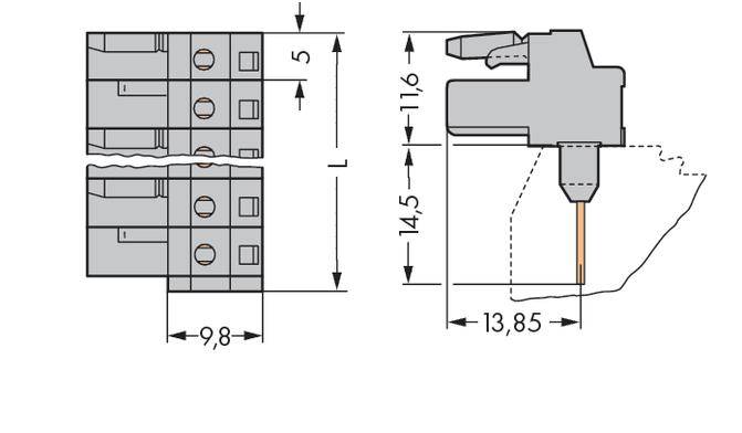 Technical drawing of an electrical connector with dimensions: Width 9.8 mm, Height 5 mm, Length L, additional measurements 11.6 mm and 13.85 mm.
