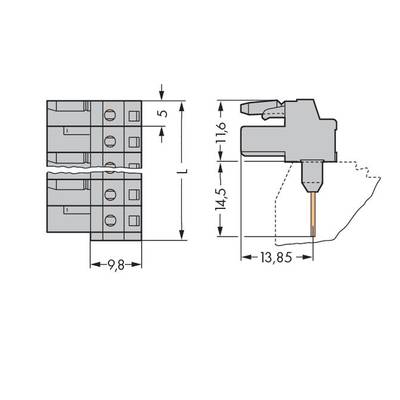 Technical drawing of an electrical connector with dimensions: Width 9.8 mm, Height 5 mm, Length L, additional measurements 11.6 mm and 13.85 mm.
