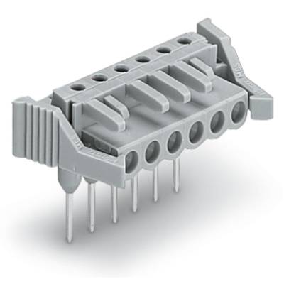 A grey, multi-pole connector with six contact pins. It is used for electrical connections in printed circuit boards.