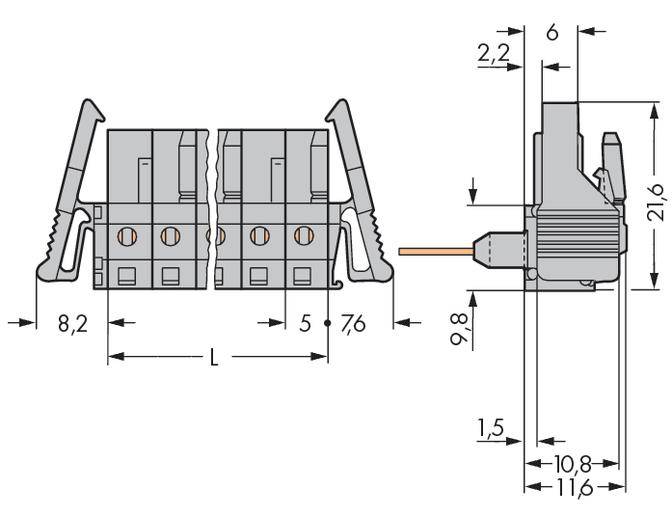 Technical drawing of a connector with dimensions in millimetres. Shows the width, height and depth of individual components.