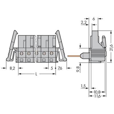 Technical drawing of a connector with dimensions in millimetres. Shows the width, height and depth of individual components.