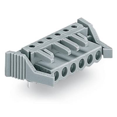 A grey electrical connector block with five terminals, used for connecting cables in electrical circuits.