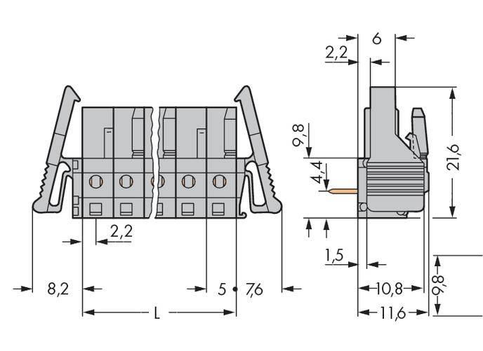 Technical drawing of a connector with lateral dimensions in millimetres. Main view shows the width, side view shows the height.