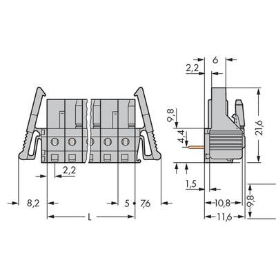 Technical drawing of a connector with lateral dimensions in millimetres. Main view shows the width, side view shows the height.