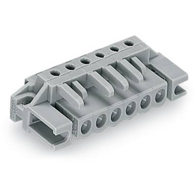 Grey electrical connector with six terminals, suitable for use in electrical devices or control cabinets.