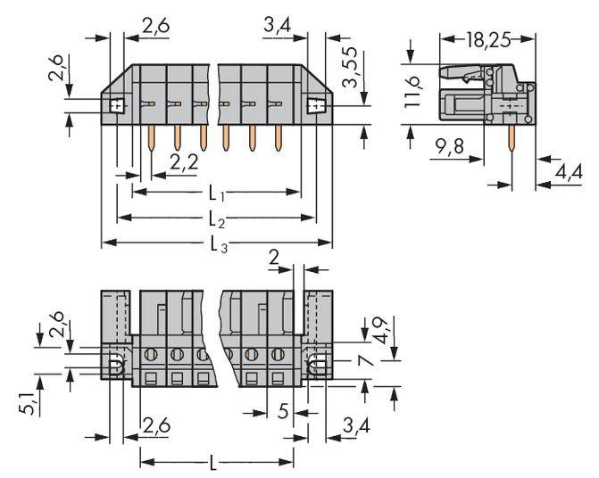 Technical drawing of a connector with dimensions in millimetres. Shows front, side, and top views for assembly planning.