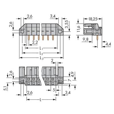 Technical drawing of a connector with dimensions in millimetres. Shows front, side, and top views for assembly planning.