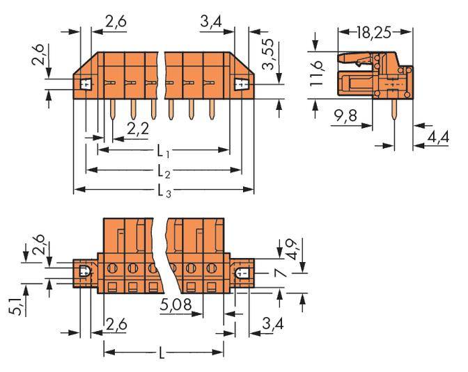 'Orange electrical connector with technical dimensions in millimetres. Views from above, side and front are shown.'