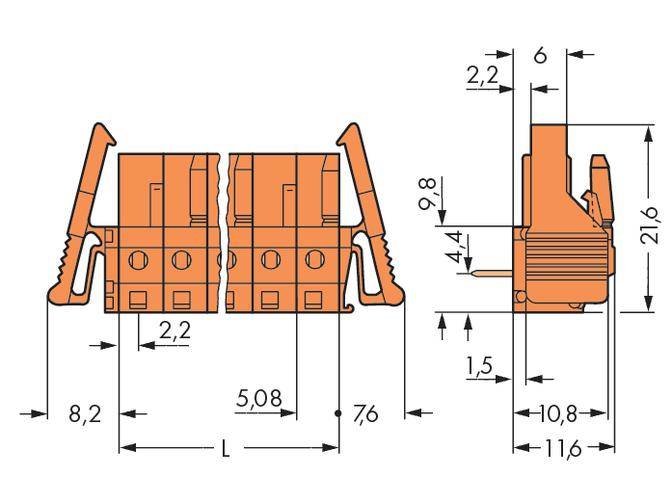Figure of an electrical connector with dimensional measurements in millimetres: widths, heights, and depths of individual components are indicated.
