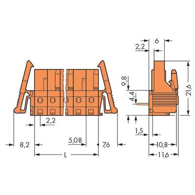 Figure of an electrical connector with dimensional measurements in millimetres: widths, heights, and depths of individual components are indicated.