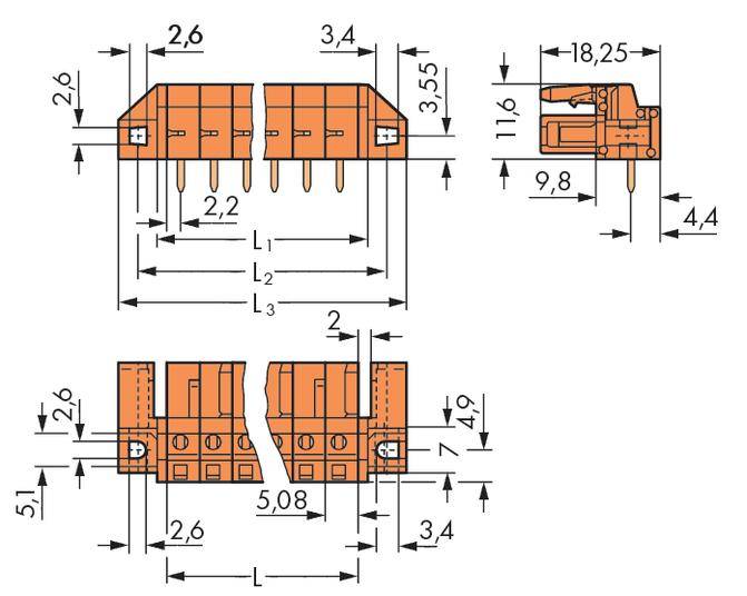 Technical drawing of a connector with dimensions. Various views show measurements in millimetres for height, width, and length.