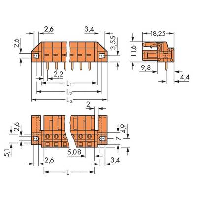 Technical drawing of a connector with dimensions. Various views show measurements in millimetres for height, width, and length.