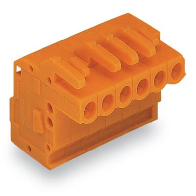 Orange five-pin connector, suitable for use in electrical circuits.