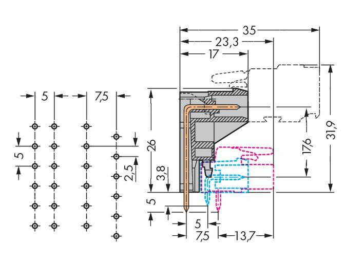 Technical drawing of a component with dimensional specifications in millimetres; shows cross-section and hole pattern with detailed measurements.