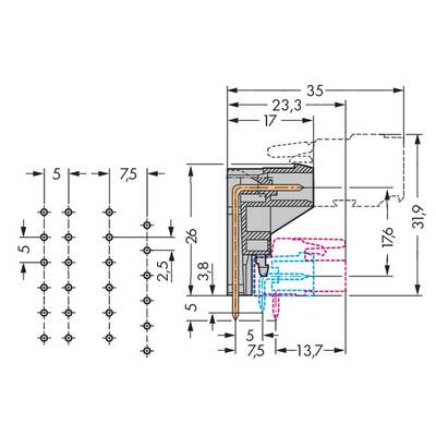 Technical drawing of a component with dimensional specifications in millimetres; shows cross-section and hole pattern with detailed measurements.