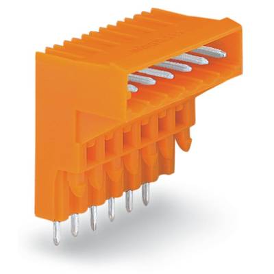 An orange connector with multiple metal pins protruding from its underside, suitable for electronic connections.