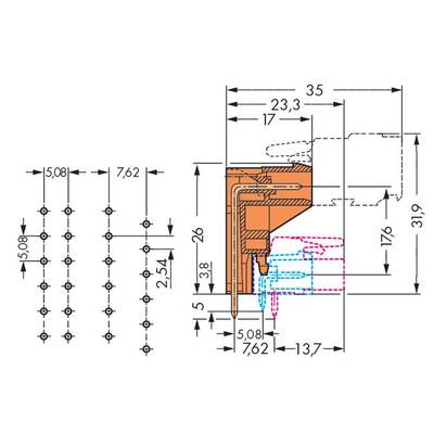 Technical drawing of a connector with precise dimensions in millimetres. Side and top view with drill holes and dimensional annotations.