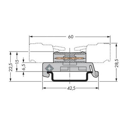 Technical drawing of an electrical component, with dimensions: 60mm width, 42.5mm length, and 28.5mm height. Cross-section view shows internal structure.