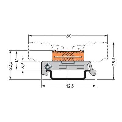 Technical drawing of a component with dimensions: width 60 mm, height 28.5 mm, and depth measurements of 22.5 mm and 15 mm.