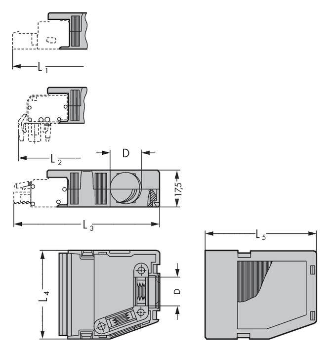 Technical drawing of a component with multiple views and dimensional specifications. Shows height, width, and depth for precise manufacturing.