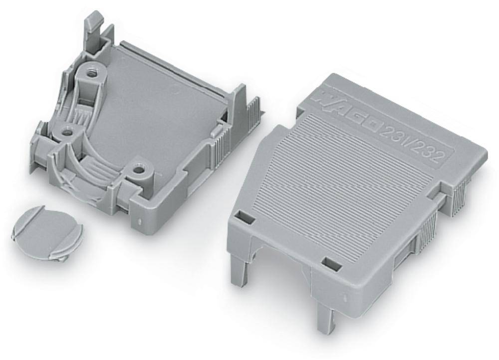 A grey plastic enclosure consisting of two main parts and a small round component. Housing for electrical applications.