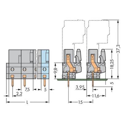 Technical drawing of a relay with dimensions in millimetres, showing height, width, mounting position, and contact terminals in side and front view.