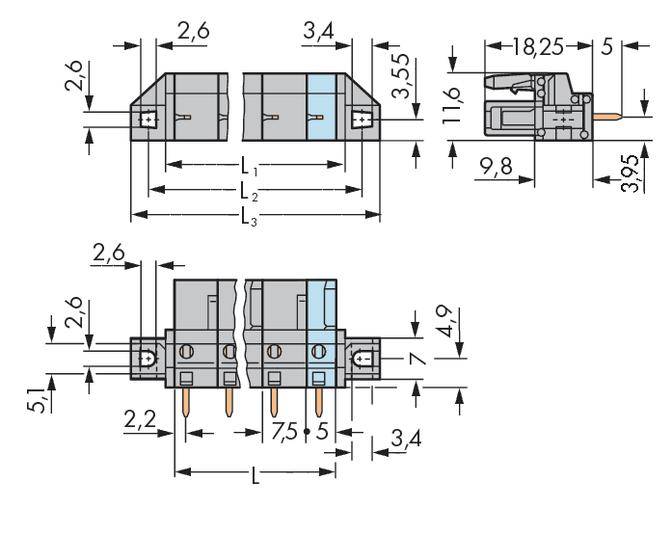 Technical drawing of an electrical connector with detailed dimensional specifications in millimetres. Three views: front, side, top.
