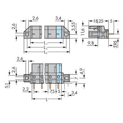 Technical drawing of an electrical connector with detailed dimensional specifications in millimetres. Three views: front, side, top.