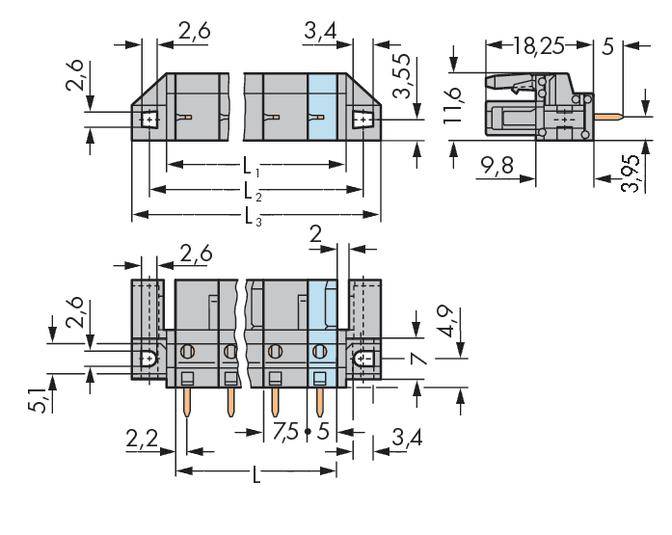 Technical drawing of an electrical plug with precise dimensions in millimetres. Shows top, side, and front views.