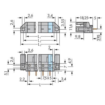 Technical drawing of an electrical plug with precise dimensions in millimetres. Shows top, side, and front views.