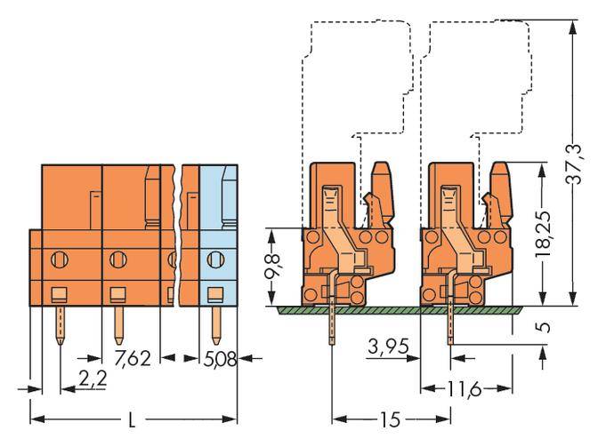 Technical drawing of an electrical connector in side and front view with dimensional specifications for width, height, and depth.