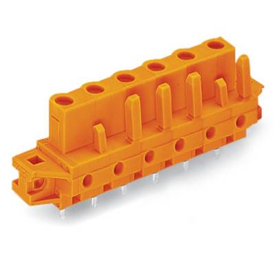 Orange connector with six connection openings, slightly bevelled on one side, showing pins underneath for PCB mounting.