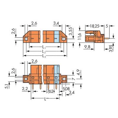Technical drawing of an electrical connector with detailed dimensions; front and side view with dimensional specifications.