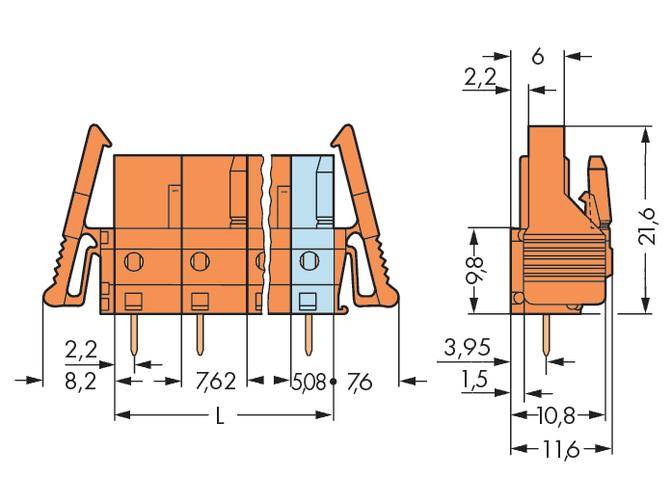 Wiring diagram of a connector with technical dimensions: Side and front view with detailed measurements in millimetres.