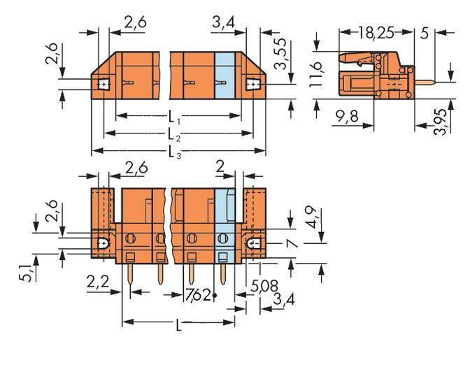 Technical drawing of a connector with detailed dimensions in millimetres, side and front views shown.