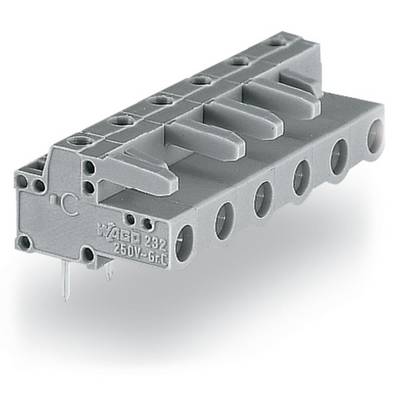 Grey electrical terminal strip with multiple connection points, side-mounting terminals and label 'WAGO 232 250V Gr.C'.