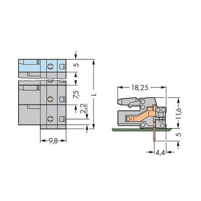 Technical drawing of an electrical switch with dimensions: Width 9.8 mm, Height 22 mm, Depth 75 mm. Side and front view.
