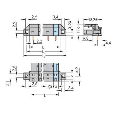 Technical drawing of an electrical component with precise dimensions in millimetres. Shows front and side view. Key features: 3.4 mm, 18.25 mm, 7.5 mm.