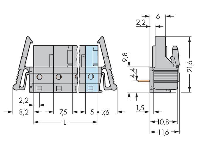 Technical drawing of a connector with dimensional specifications in millimetres. Side and frontal views display various dimensions.