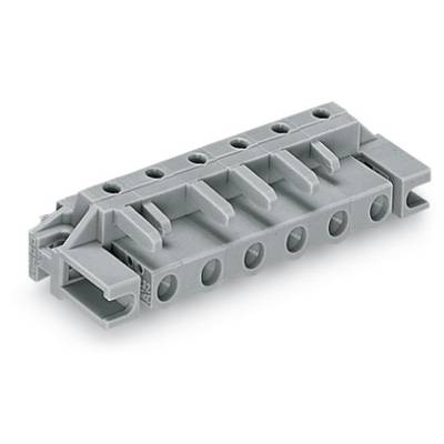 Grey, rectangular electrical connector with multiple terminals and holes, used for connecting electrical cables.