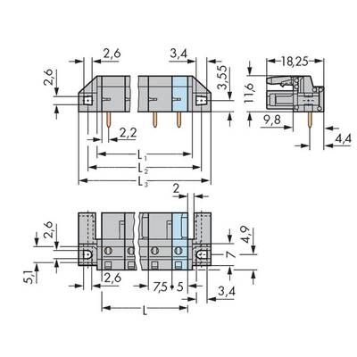 Technical drawing of an electrical connector with multiple dimensional measurements in millimetres.