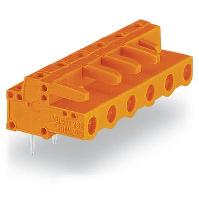 Orange terminal block with five inputs for electrical wiring. Top side with six mounting elements, bottom side with two connection pins.